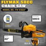 Flymax 58CC 2 Stroke Petrol Chainsaw, 22-inch Bar